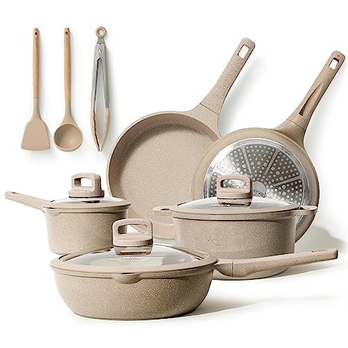 CAROTE Lot Poele et Casserole Induction, Poêles Antiadhésif 24/28cm, Casserole 4,3/1,4L, Sauteuse 28cm, Batterie de Cuisine Induction avec Couvercle, Spatule, Cuillère, Pince Cuisin