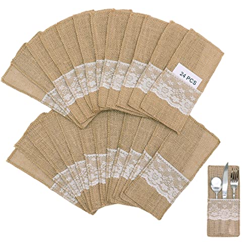 Leeyunbee Lot de 24 sacs à Couverts en Toile de Jute avec Dentelle, Porte-ustensiles en Toile de Jute en Dentelle, Vintage Decoration Table pour Mariage Anniversaire Fête Noël (11 x 21 cm)