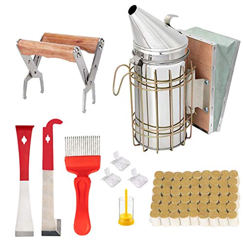 BURHAIR Kit d'outils d'apiculture - Lot de 10 fumoirs de Ruche d'abeilles, 54 granulés de Fumeur, Crochet en J, Accessoire d'apiculture pour Fournitures d'apiculture