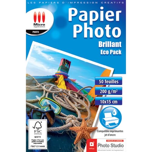 Micro Application - Papier Photo Brillant - Format 10x15 - Grammage 200 g/m² - 50 feuilles - Pack économique - Papier certifié FSC - Emballage Zéro plastique