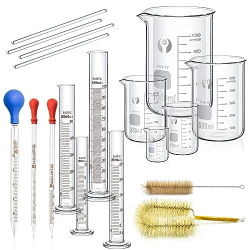 Ensemble de Bécher Cylindrique Gradué Pipettes en Verre, JESSTOLO 5pcs Gradué Borosilicate Bécher de Verre, 4pcs Graduated Cylinder, 3ps Pipette Graduée, 4pcs Agitateurs et 2pcs Brosse Nettoyage