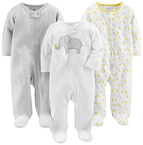 Simple Joys by Carter's Combinaison en coton qui couvre les pieds, pour jour et nuit Bébé Fille, Lot de 3, Blanc Éléphant/Gris Clair Mini Rayures/Girafe, 0-3 mois