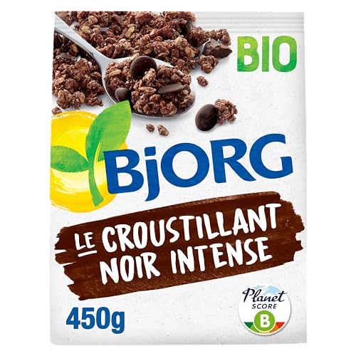 BJORG - Croustillant Noir Intense Bio - Céréales Complètes - Chocolat Noir - Riche En Fibres - 450g