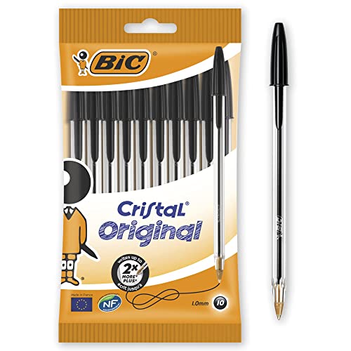 BIC Cristal Original - Stylos-Bille Pointe Moyenne (1,0 mm) - Certifiés NF Environnement - Noir, Pochette de 10