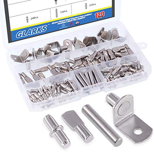 Glarks Lot de 120 chevilles de support d'étagère 4 styles pour meubles, meubles, étagères, support nickelé – Argent