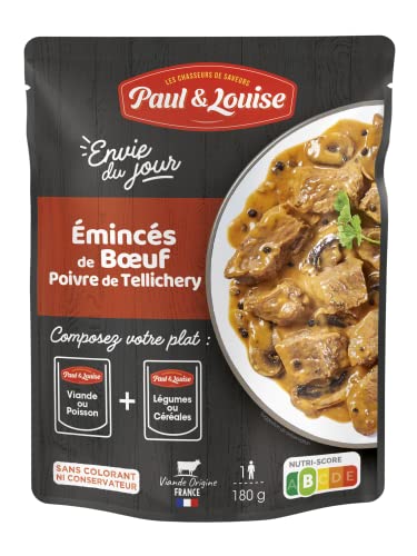Paul & Louise Envie Du Jour - Emincés de Bœuf au Poivre de Tellichery 180g - Sachet micro ondable - Prêt en 2 min - À combiner avec nos sachets d'accompagnements - Légumineuses ou Céréales
