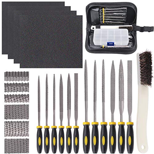 GLARKS Lot de 12 mini râpes en bois assorties comprenant une brosse et une boîte de rangement avec 4 papiers abrasifs pour fixer des bijoux, sculptures sur bois diamantées