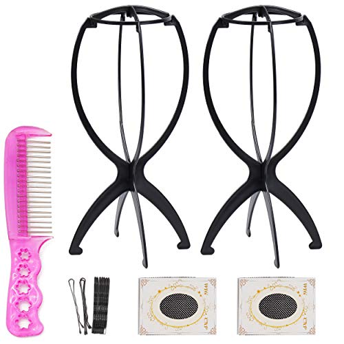 XCZYN 14 pouces Stands de perruque pliante, tête de perruque Stands pour perruques, présentoirs de perruque Portable plastique support perruque séchoir (2Pcs Noir)