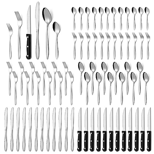 Gymdin Set de Couverts 72 Pièces, Service de Table 12 Personnes, Set de Couverts de Haute Qualité avec Couteau à Steak, Couteau, Fourchette, Cuillère,Elégant Acier Inoxydable Couvert