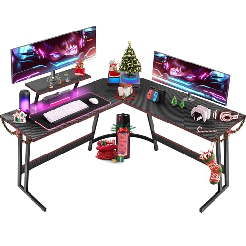 Devoko Bureau Gaming Angle Bureau d'angle 130 * 130cm avec Support d'écran, Bureau Informatique en Coin,Bureau Gamer en Forme de L Table pour Etudier, Jouer et Travailler（130×130cm, Carbon Noir）