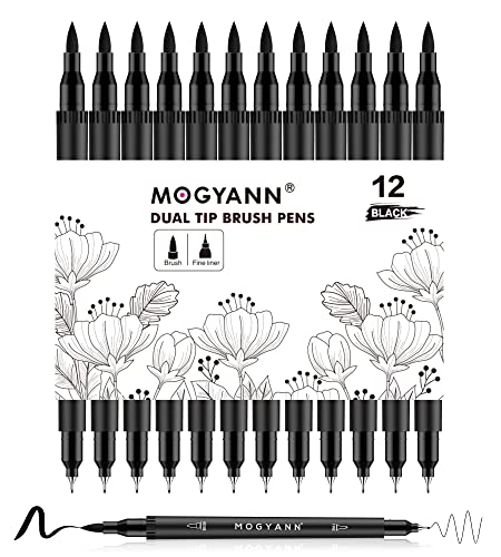 Mogyann Feutres Coloriage Adulte Lot de 12 marqueurs noirs à double pinceau pour dessiner et esquisser de l'art