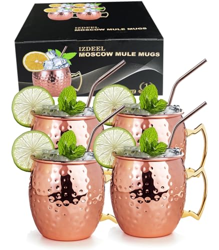 izdeel Verres Moscow Mule Cuivre Mugs 550ML Verres pour Cocktail, Rhum, Boissons Froides, Maison, Bar, Fête, Fête des mères, Cadeaux, Ensemble(4 Tasses + 4 Pailles)