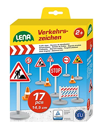 Lena- Traffic Sign Set 17 pièces, 9 Panneaux de signalisation d'env. 16 cm, 5 pylônes et 3 clôtures de Chantier, pour Enfants à partir de 2 Ans, 04440, Multicolore, Taille Unique