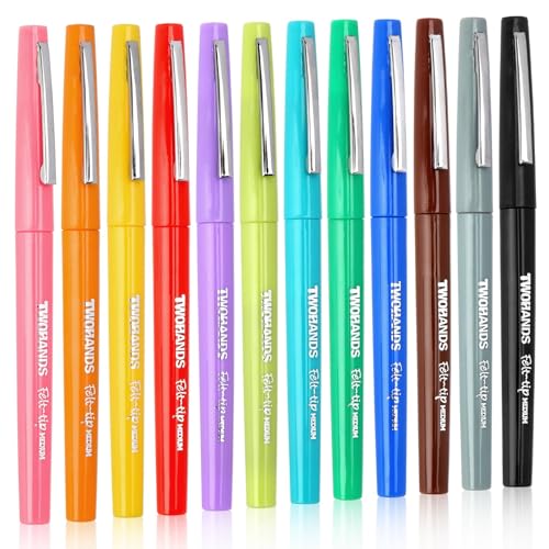 TWOHANDS 12 Stylos feutres, pointe moyenne (0,7 mm), assortiment de couleurs, Feutres de Coloriage Pour Peinture, croquis, codage couleur, journalisation, prise de notes, 22004