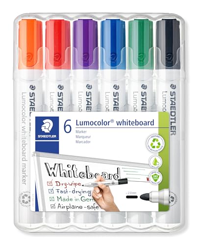 Staedtler Lumocolor 351, Marqueurs pour tableau blanc effaçables à sec, Sans xylène ni toluène et quasi-inodore, Pointe ogive de 2 mm, Étui chevalet avec 6 couleurs assorties, 351 WP6