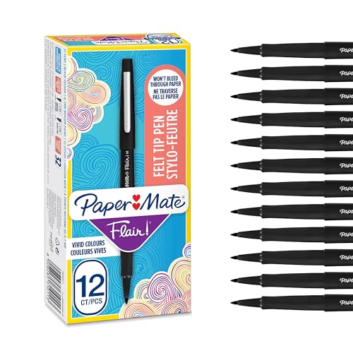 Stylos feutres Paper Mate Flair | Feutres de coloriage sans fuite à pointe moyenne (0,7 mm) | Encre noire | Idéal pour écrire, scrapbooking, dessiner, etc. | Boîte de 12