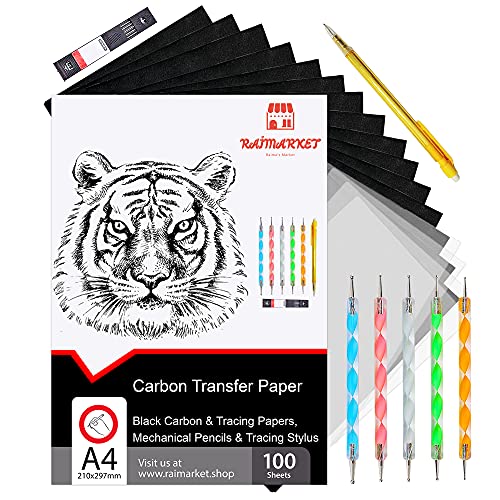 Raimarket Papier Carbone100 Feuille de Papier Noir A4 | Papier Craft, Papier Calque et Papier Dessin | Papier Transfert Pour Textile | Dessiner Sur Papier, Bois, Toile et Autres Surfaces