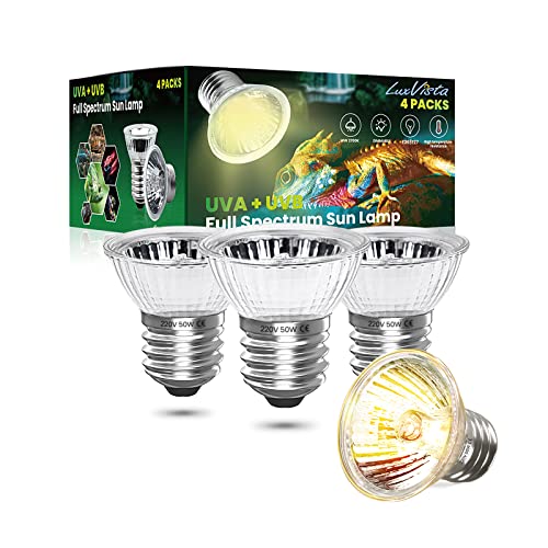 Luxvista E27 50W Dimmable Ampoule Chauffante Reptile, Lampe Tortue UVA UVB Ampoule Solaire à Spectre Complet pour Reptiles et Amphibiens Serpent, 4 pcs
