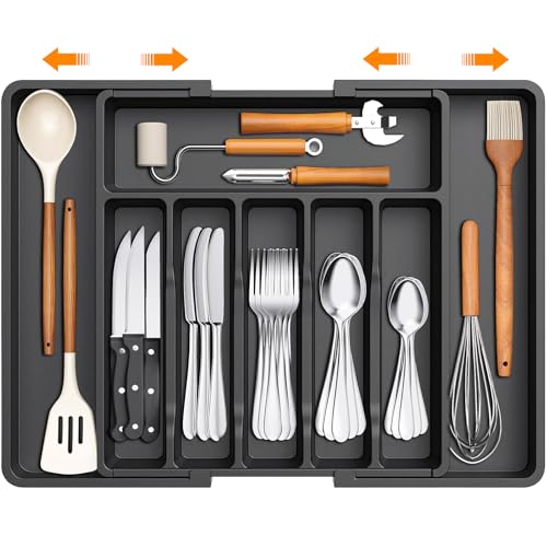 YGVQN Range Couverts, Organisateur Réglable pour Vaisselle 33x56x38 CM, Organisateur Couverts Tiroir Cuisine, Cuillères Fourchettes Couteaux Boîte de Rangement, Range Couverts pour Tiroir, Noir