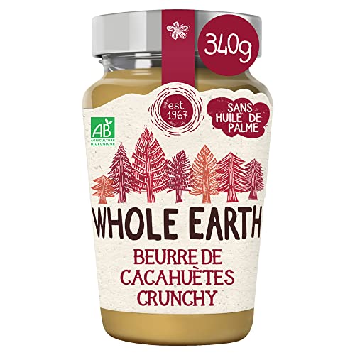 Whole Earth Beurre de Cacahuètes Crunchy Bio - Source de protéines - Sans Huile de Palme et Sans Sucres Ajoutés - 1 pot – 340 g (L'emballage peut varier)