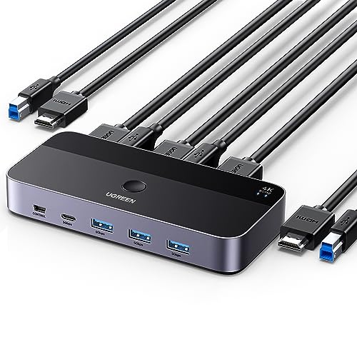 UGREEN Switch HDMI KVM 4K 60Hz 2 In 1 Out avec 3 Ports USB A 3.0 et 1 Port USB C 3.0 5Gbps pour Clavier Souris Disque Dur HDD Commutateur KVM Switch USB avec Contrôleur de Bureau et 2 Câbles HDMI 1M