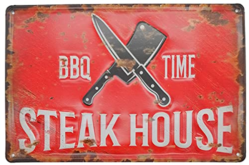 Plaque en tôle rétro avec inscription « Steakhouse BBQ » en relief - Plaque de cuisine - Plaque de porte - Décoration murale - 30 x 20 cm