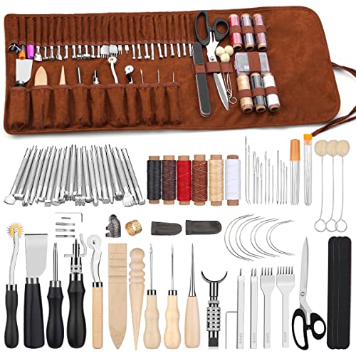 kit travail du cuir Outils d'artisanat du cuir outils travail du cuir du avec sac de rangement personnalisé Outils de sculpture sur cuir pour couper, poinçonner, coudre, sculpter, estamper