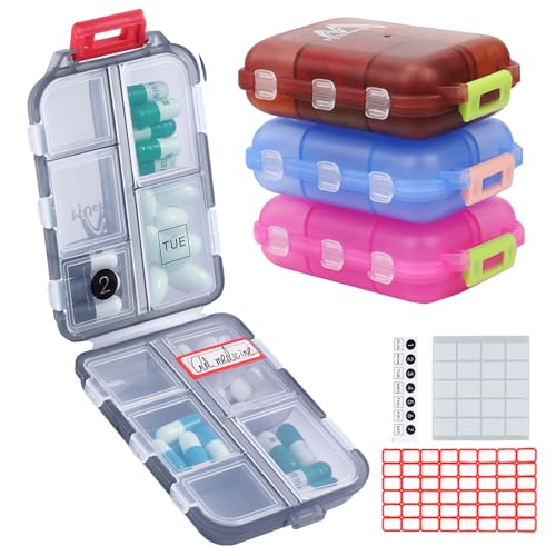 M MUchengbao Pilulier de voyage 4 pièces + 164 étiquettes en tranches, petit pilulier portable pliable pour le quotidien, utilisé pour le stockage de vitamines, d'huile de poisson, etc