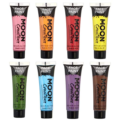 Moon Creations Tubes de peinture pour le visage et le corps | Peinture pour le visage prête à l'emploi | Sans cruauté | pour enfants, adultes, festivals, Halloween et plus encore, lot de 8, 12 ml