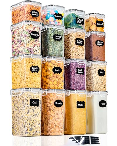 GoMaihe Boite de Rangement Cuisine Lot de 16, Bocaux Hermetiques Alimentaires en Plastique Scellée avec Couvercle, Pour Stocker les Cereales, Pâtes, Farine, Nourriture pour Animaux de Compagnie