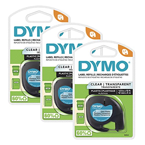 DYMO LT Lot de 3 rubans d'étiquetage pour étiqueteuses LetraTag, impression noire sur étiquettes transparentes, rouleaux de 1,27 cm x 4,9 m
