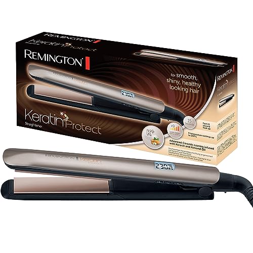 Remington Lisseur Cheveux [Soin Kératine & Huile d'amande] Protect (Soin des cheveux, Céramique, Ecran LCD, 10 réglages de Température 150-230°C, Voltage universel,pochette) Fer à lisser S8540