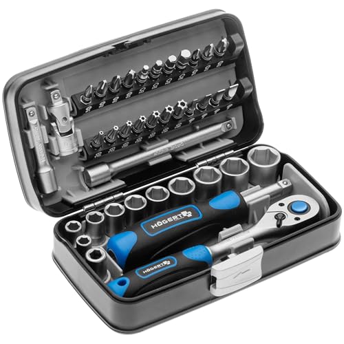 Högert Technik - Boite à Outils, Outils Bricolage, Mallette à Outils, Trousse a Outils, Jeu de Douilles et Équipement 1/4', Mécanisme à Cliquet avec 72 Dents - HT1R462, 38 Pièces