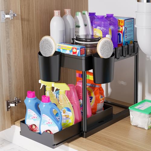 HIYAA Rangement sous Evier 2 Niveaux, Coulissant Organiseur sous Évier Etagere Tiroir,Panier de Rangement Multifonction pour Salle de Bain, étagère sous Placard, étagère de Lave-Vaisselle - Noir