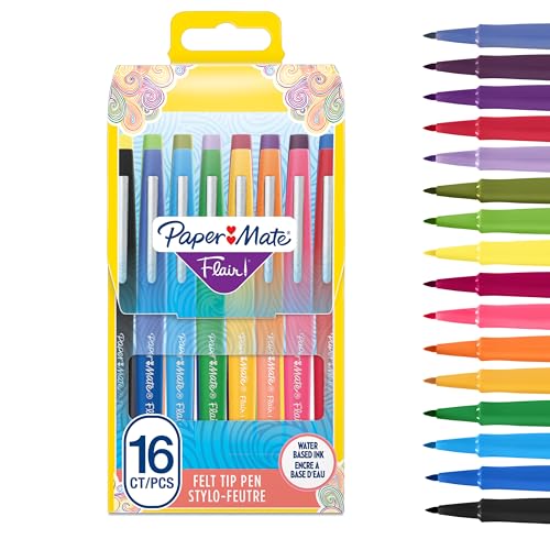 Stylos feutres Paper Mate Flair | Feutres de coloriage sans fuite à pointe moyenne (0,7 mm) | Idéal pour écrire, coloriage (adultes et enfants), etc. | assortiment de couleurs | Lot de 16