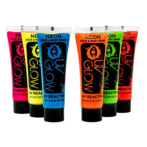 UV Glow Lot de 6 tubes de peinture fluorescente pour le visage et le corps 6 x 10 ml