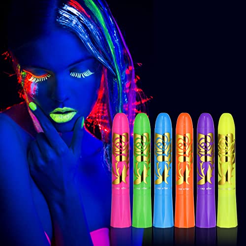 AOOWU Peinture Fluorescents UV, 6 Crayons De Peinture UV Néon Pour Le Visage Et Le Corps, Lavables Non Toxiques Bâton de Peinture au Néon UV, Pour Festival, Mardi Gras, Halloween, Maquillage