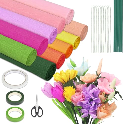 GENHH 10 Rouleaux de Papier Crepon, 25x250 cm Papier Crépon De Couleur, Ruban Crépon Multicolore Papier Crépon Bande Serpentins pour Décoration de Mariage Fête D'Anniversaire Saint-Valentin