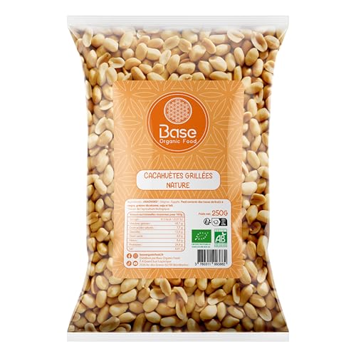 Arachides Décortiquées Grillées sans sel Bio 250g | Cacahuètes 100% Naturelles | Cacahuètes Jumbo | Snack Sain & Énergisant | Sans OGM | Idéal pour Végétariens & Végétaliens | BASE ORGANIC FOOD