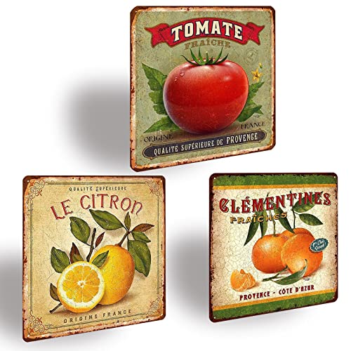 Lot de 3 Plaque Metal Vintage Cuisine Citron Tomate Clementines,Fruits Français Tableau Cuisine Decoration Murale,Pancarte en Métal Cadeau pour Maison Restaurant 30,5x30,5cm