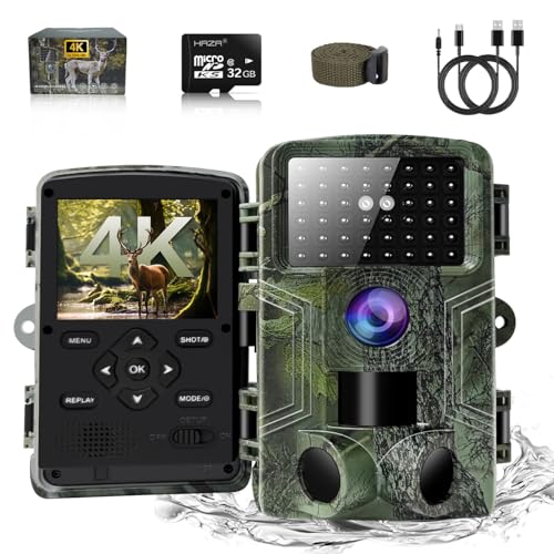 HAZA Camera de Chasse 4K HD Vision Nocturne caméra Animaux avec Carte SD 32G avec détecteur Mouvement caméra de Chasse Exterieur imperméable piege Photo sans éclat piege Photographique caméra Chasse