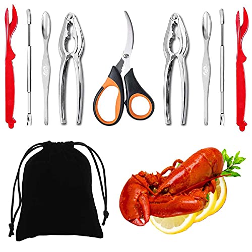 Artcome Lot de 10 outils pour fruits de mer : 2 cassecrabes, 2 coquillages à homard, 2 fourchettes à fruits de mer, 2 fourchettes à crabe larges, 1 paire de ciseaux à fruits de mer et 1 sac de