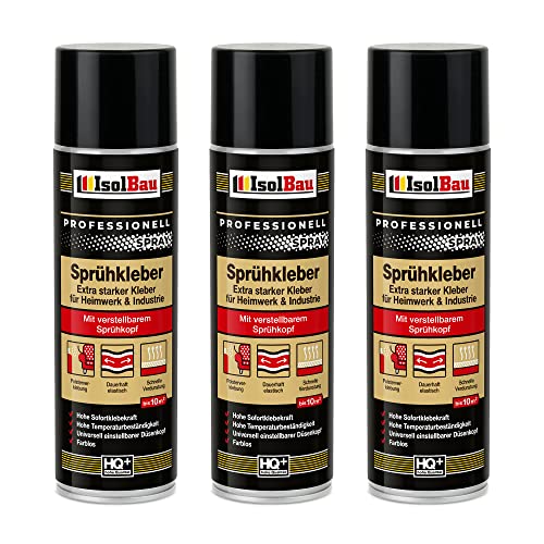 Isolbau Lot de 3 flacons de colle en spray 500 ml - Colle extra forte pour bricolage et industrie - Spray adhésif pour mousse, bois, tissu, cuir, feutre, etc