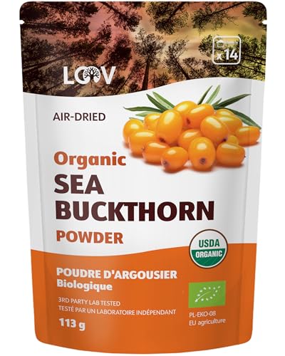 Poudre d’argousier bio LOOV, riche en fibre, faite à 100% de baies entières, 110 g, cultivés dans les régions nordiques, riche en oméga, vitamines C et E, Portions de 23 jours, ni sucre ajouté ni OGM