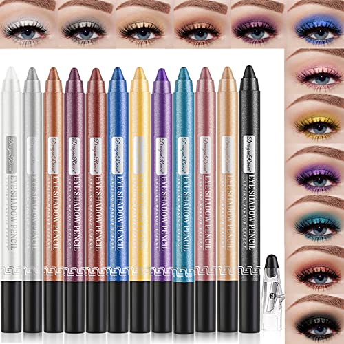 Petansy Lot de 12 crayons de maquillage professionnel pour les yeux, ombre à paupières et crayon eyeliner, longue durée, imperméable, paillettes, nacré, cadeau de maquillage pour femme