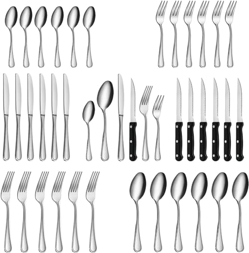Gifcomda couverts de table avec couteau a steak, 36 pièces couverts pour 6 personnes, couvert en argent comprenant cuillère, couteau, fourchette, lave-vaisselle