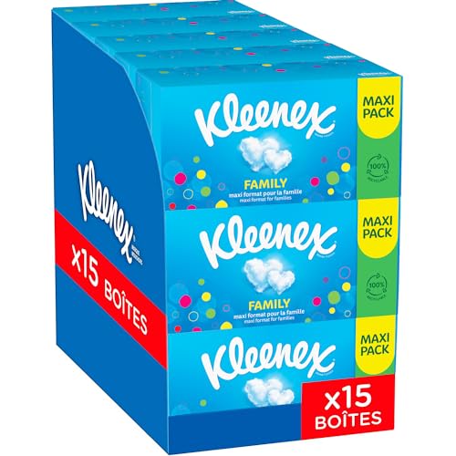 KLEENEX - Mouchoirs boîte maxi-pack Family (15 boites de 128 mouchoirs) - format idéal pour toute la famille - Fabriqué en France