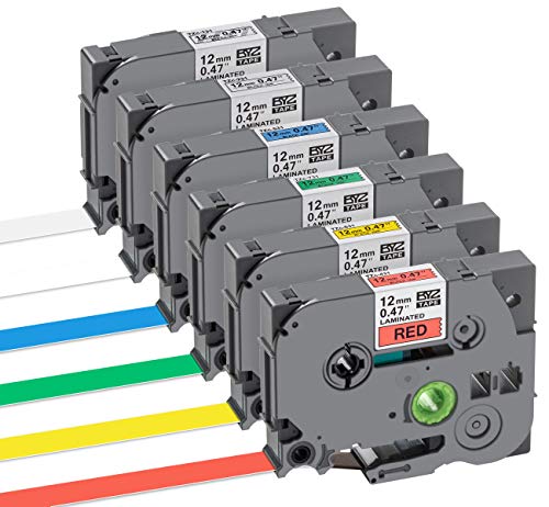 Lot de 6 rubans cassettes Étiquettes différentes couleurs 12 mm x 8 m rubans pour étiquetage Brother TZe Tape imprimantes compatibles pour Brother PTouch PT1000, noir sur