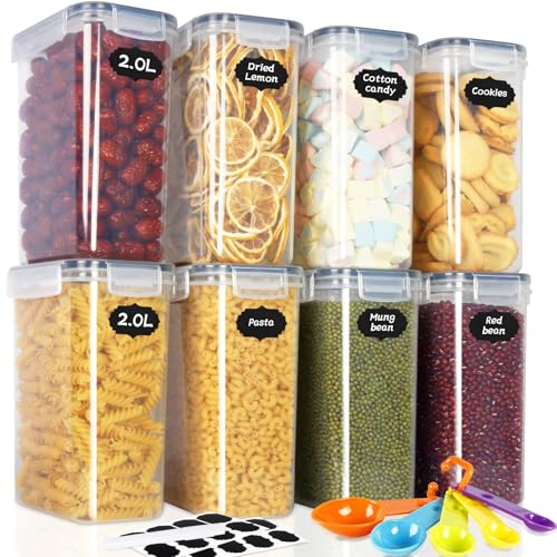 Cinnani 2L Boite de Rangement Cuisine Lot de 8, Sans BPA Bocaux Hermetiques Alimentaires en Plastique Scellée avec Couvercle, pour Stocker Les Cereales, Pâtes, Farine