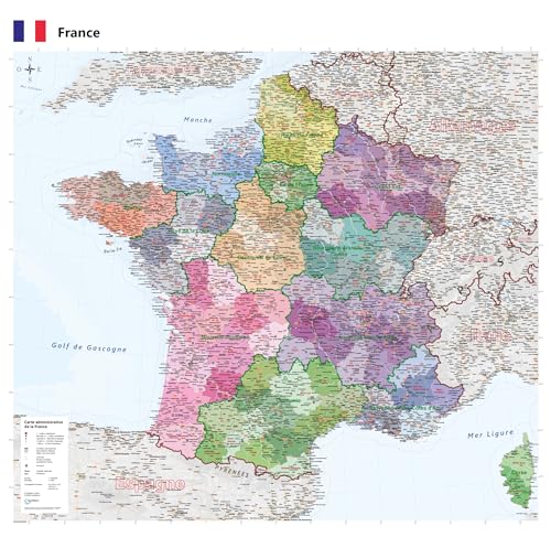 GeoMetro Carte administrative de la France en français de 100 x 100 cm, avec plastification sur les deux faces avec départements avec codes postaux